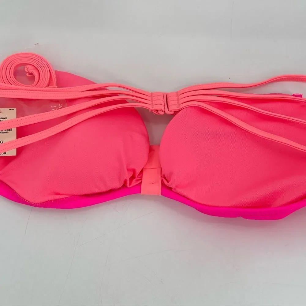 Victoria’s Secret Neon Pink Bandeau Bikini Top L 36C-D 38A-C Halter Padded Swim